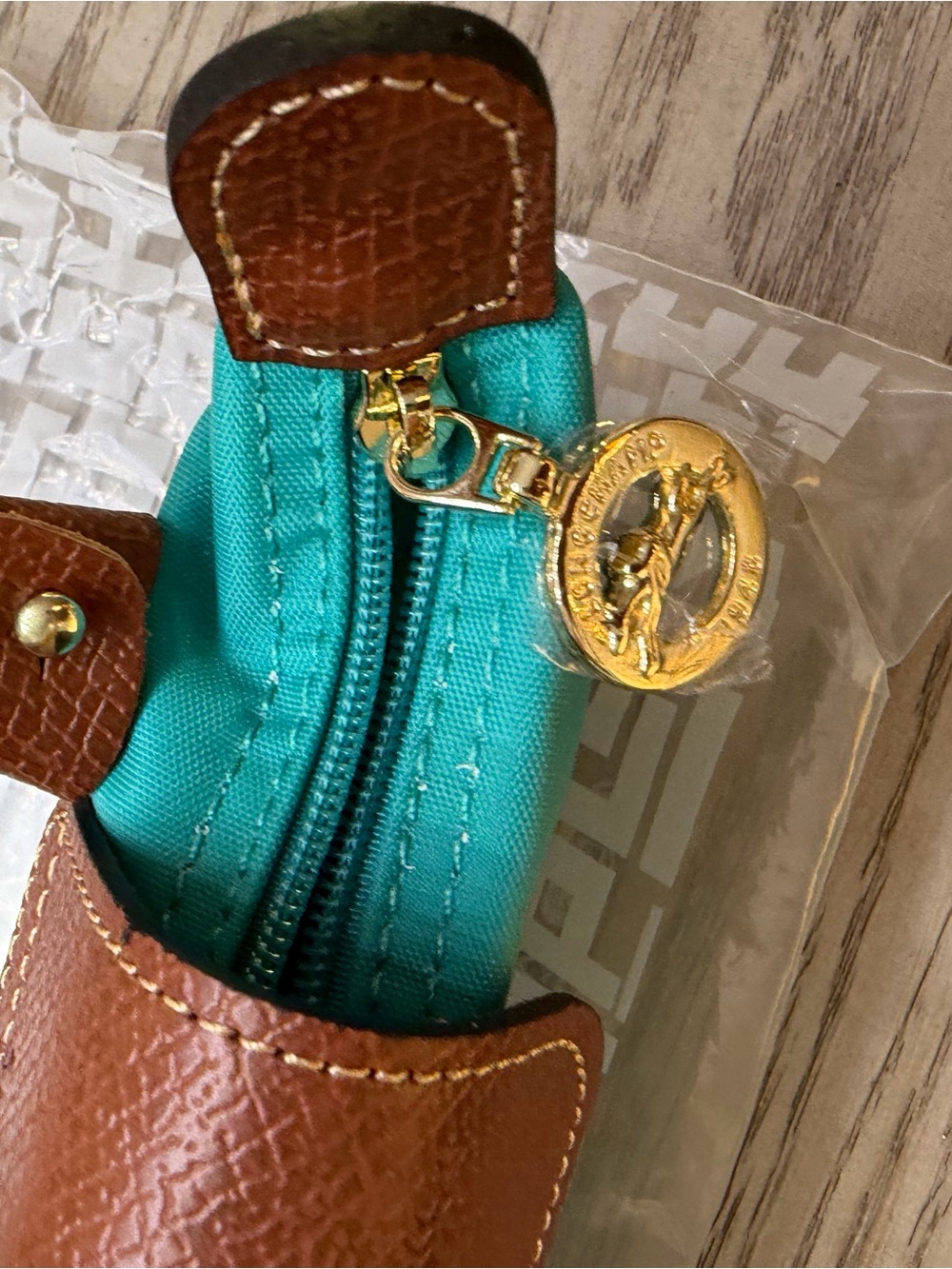 SMALL Longchamp Turquoise Nylon Tote with Brown Leather Trim - Picture 5 of 8